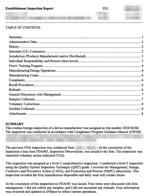 Establishment Inspection Report